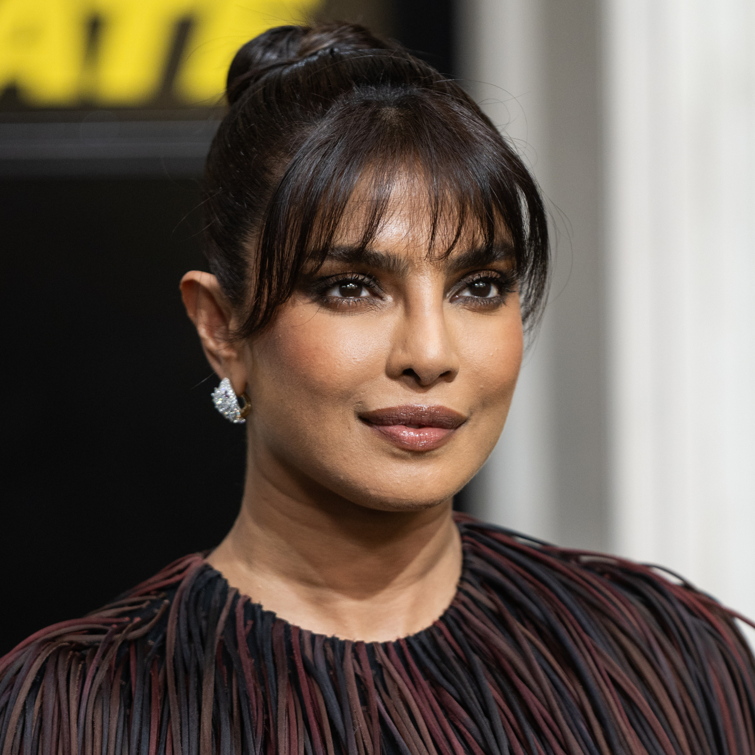 Priyanka Chopra with wispy, elegant bangs and an updo.