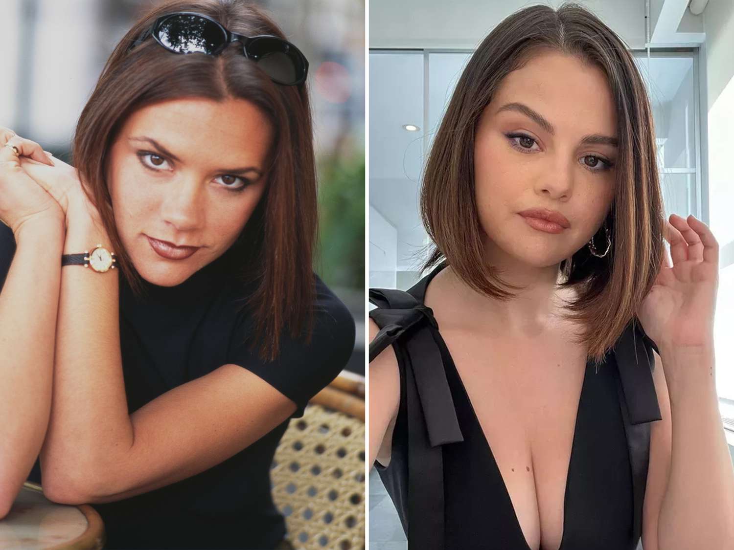 Victoria Beckham and Selena Gomez with sleek, straight bobs.