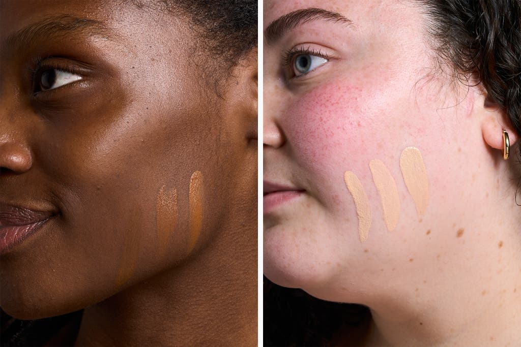 Multiple foundation shade swatches applied to the faces of two models with different skin tones.