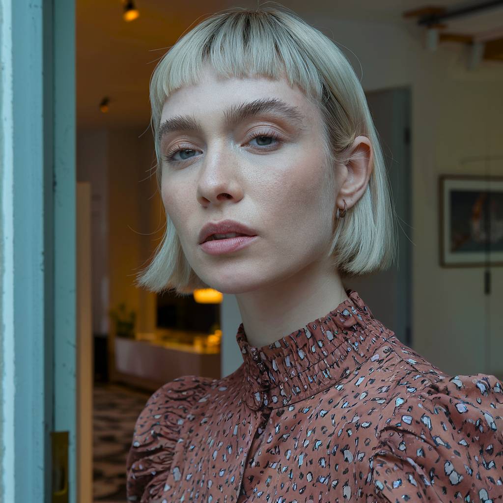 Platinum blonde blunt bob with sharp micro bangs.