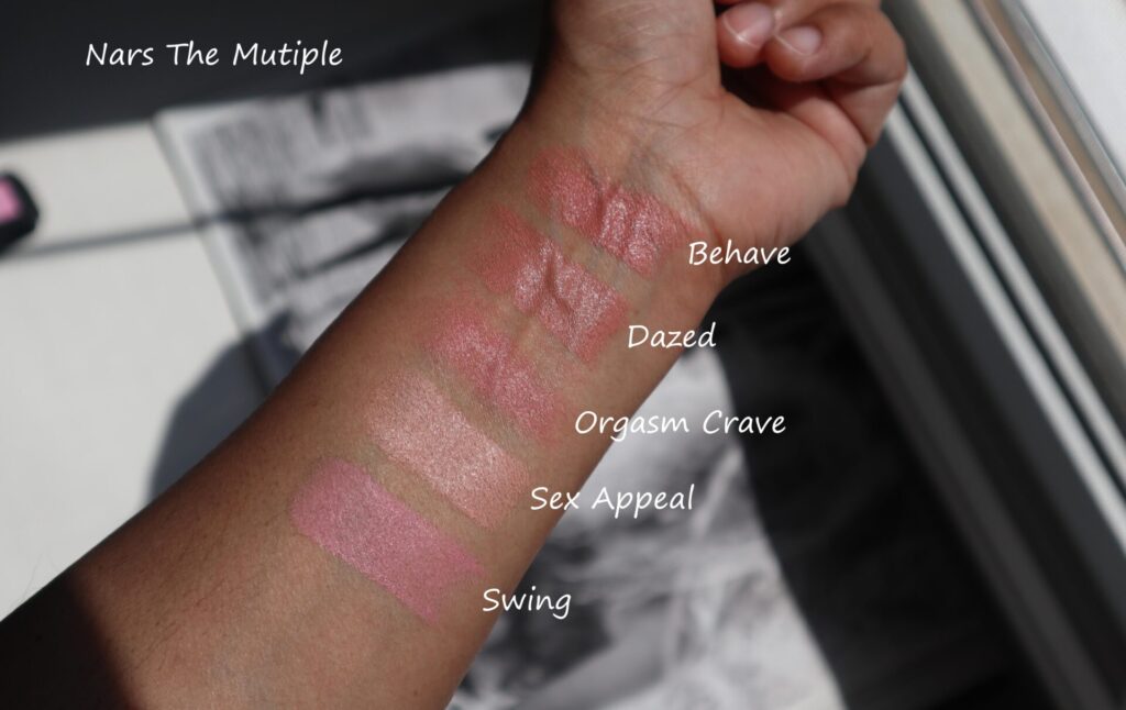 Multiple NARS The Multiple shades swatched on skin.