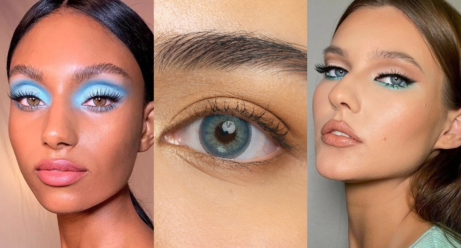 An eye makeup look featuring a vibrant pop of electric blue eyeshadow and graphic liner.