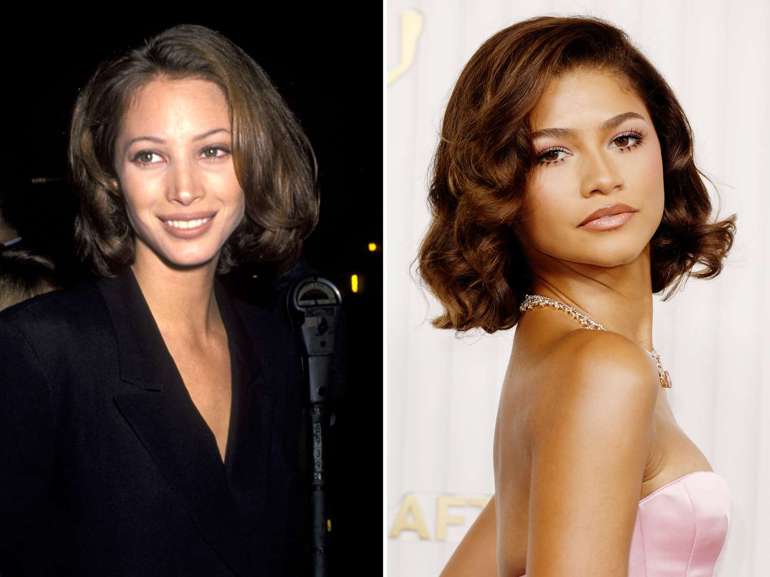 Split view of Christy Turlington and Zendaya sporting voluminous supermodel bobs.