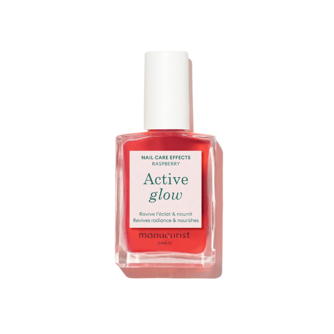 Manucurist Active Glow Raspberry nail treatment bottle showing a pink tint.