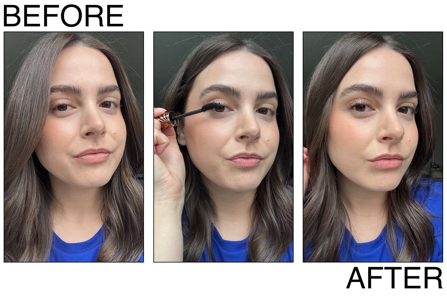 A side-by-side comparison of natural lashes versus lashes coated with Charlotte Tilbury Exagger-eyes Mascara.