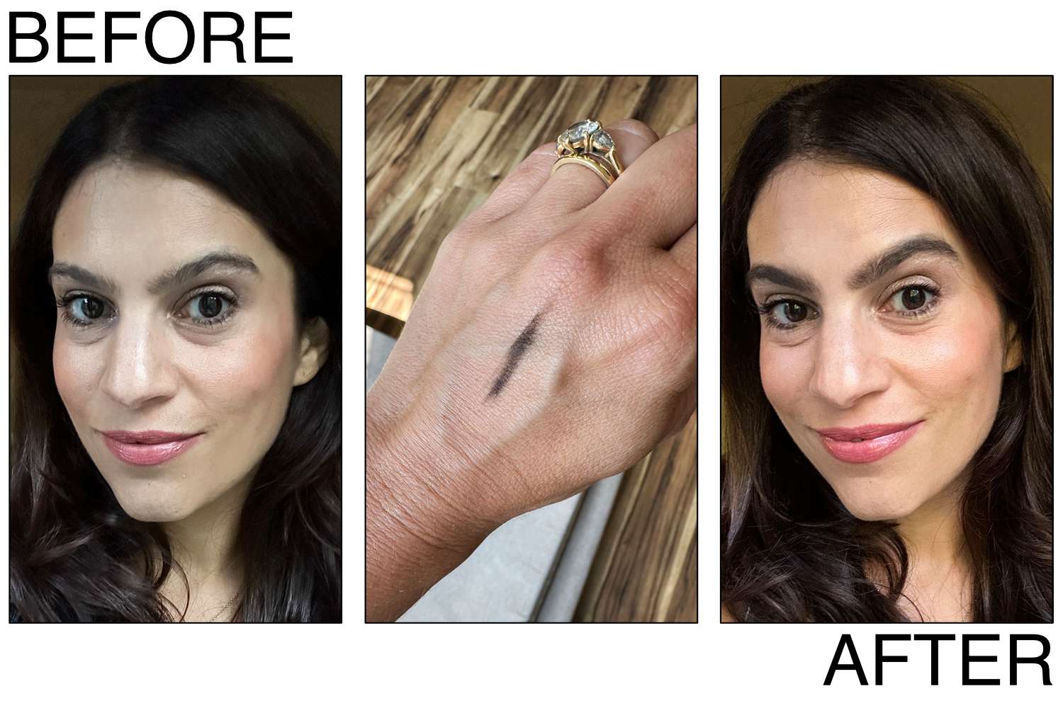 Before and after comparison of an eyebrow filled with fine, hair-like strokes using Charlotte Tilbury Brow Cheat.