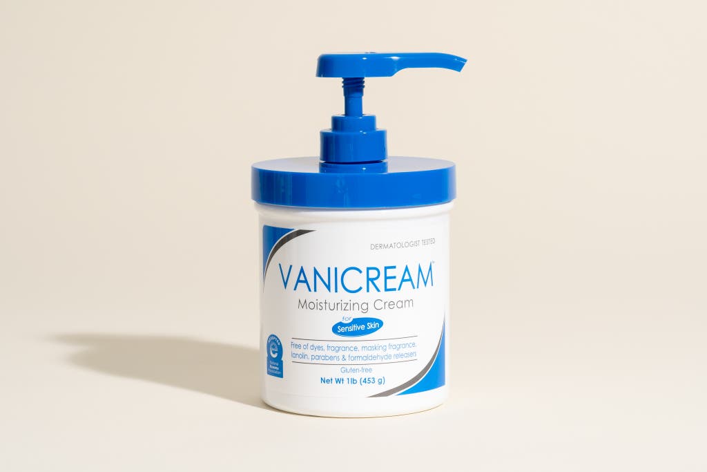 A bottle of Vanicream Moisturizing Cream with a blue pump dispenser.