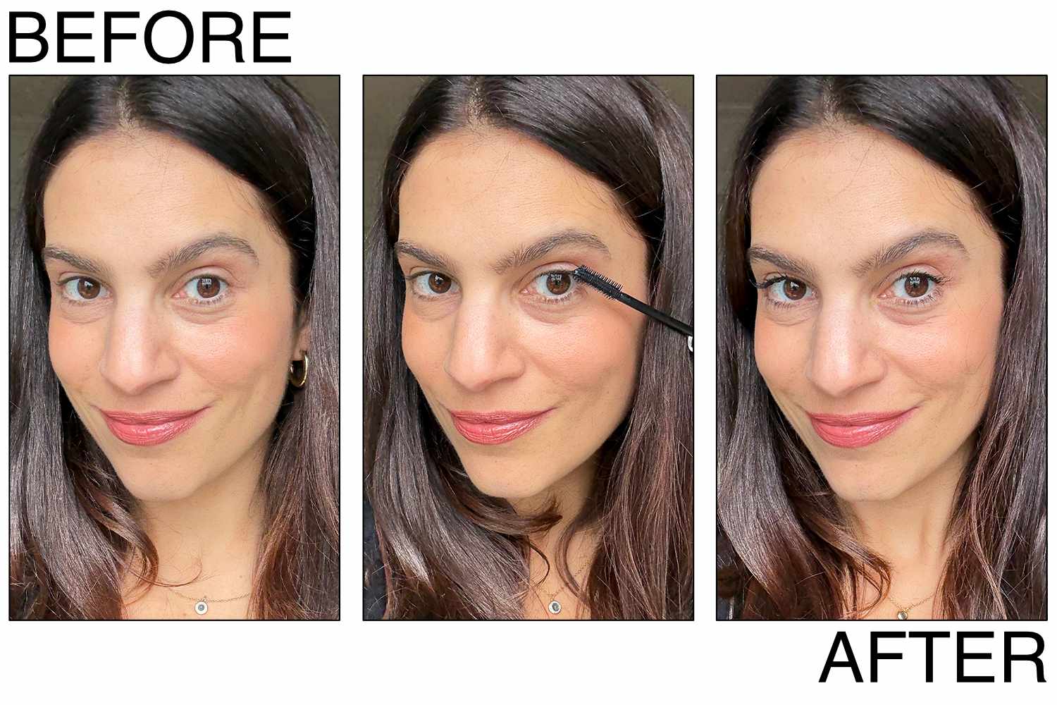 Close-up of lashes before and after using Ilia Limitless Lash Mascara, showing significant length and separation.
