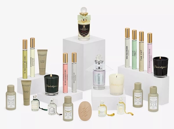 Close-up detail of luxury fragrance bottles and body care products from the Penhaligon's collection.