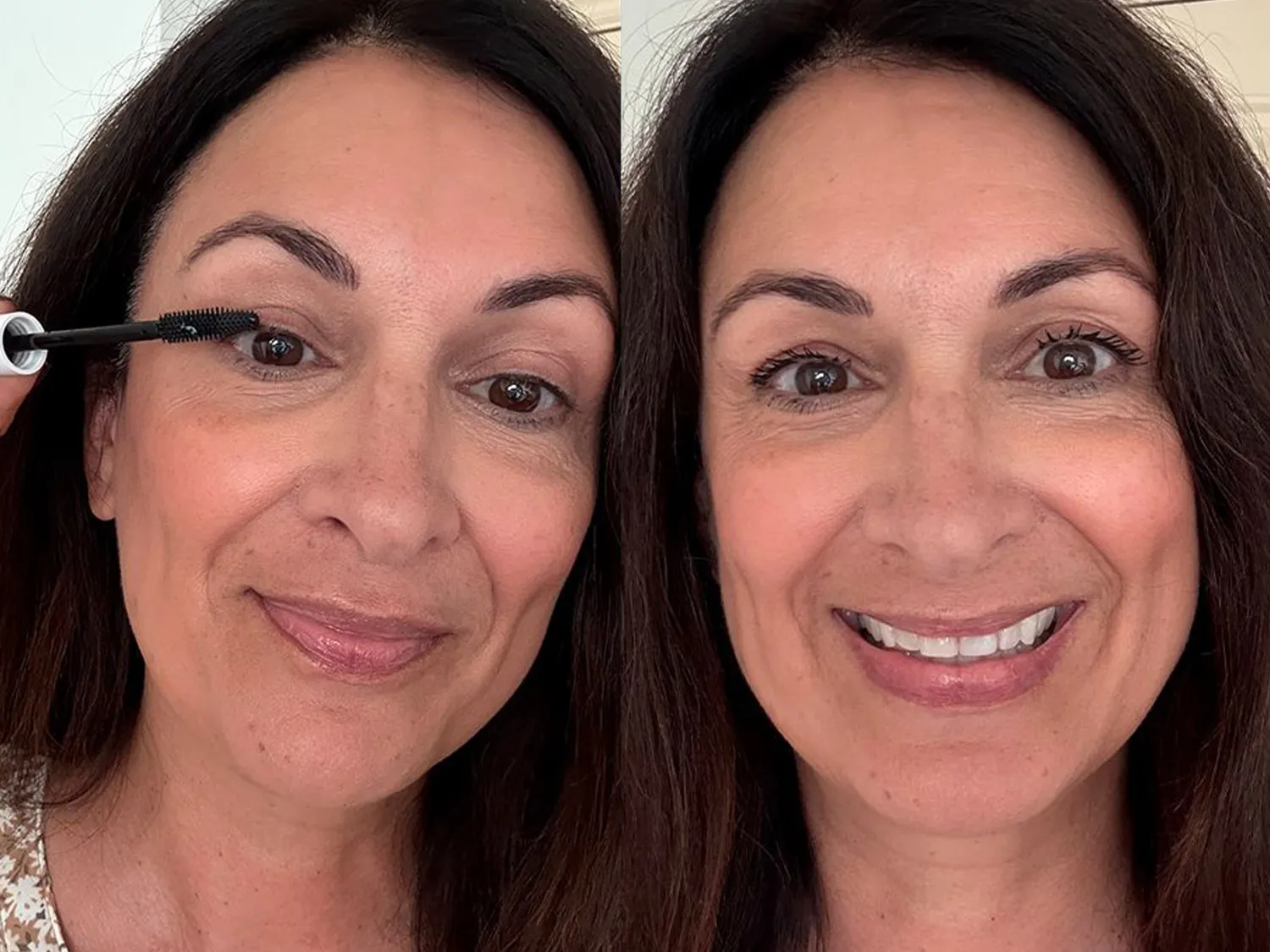 A mature woman with perfectly applied mascara that defines her eyes without looking heavy or clumped.