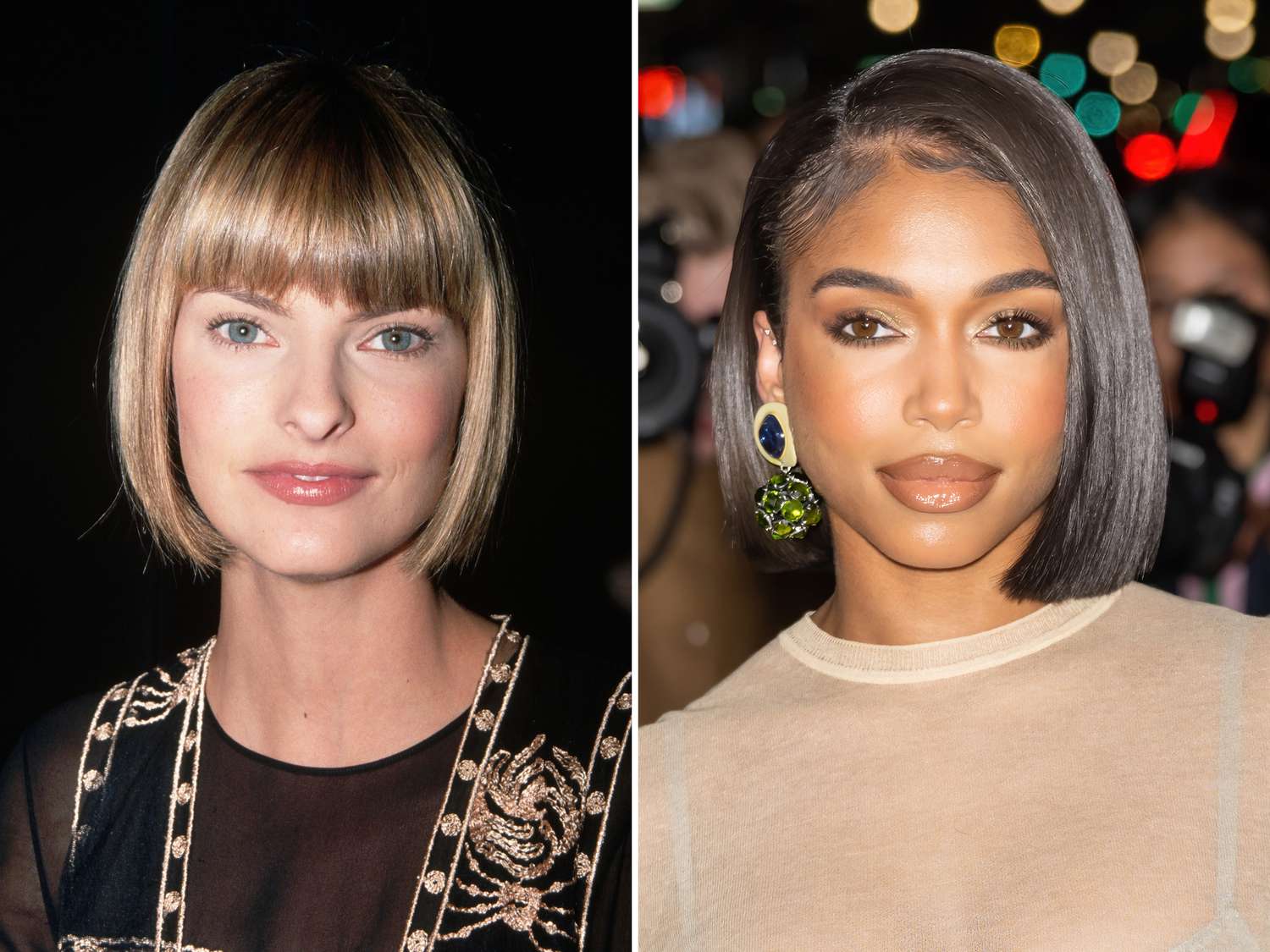 Linda Evangelista and Lori Harvey with sharp, chin-length blunt bobs.