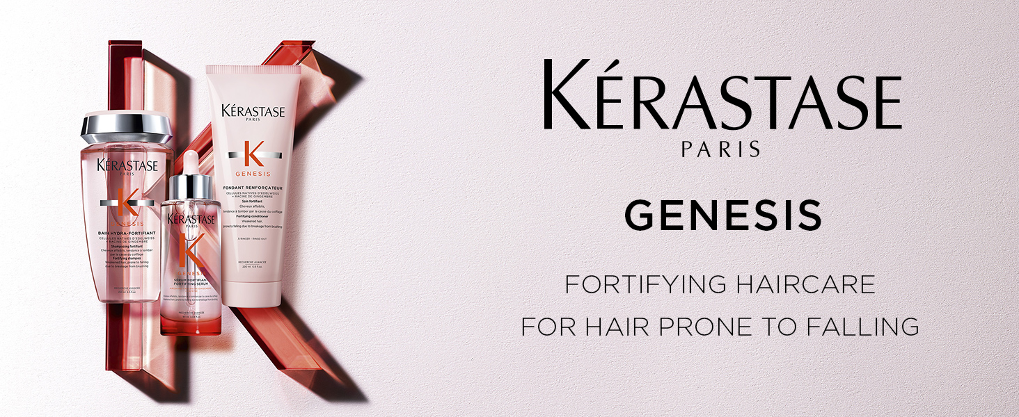 The complete Kérastase Genesis anti-hair fall product range on display.