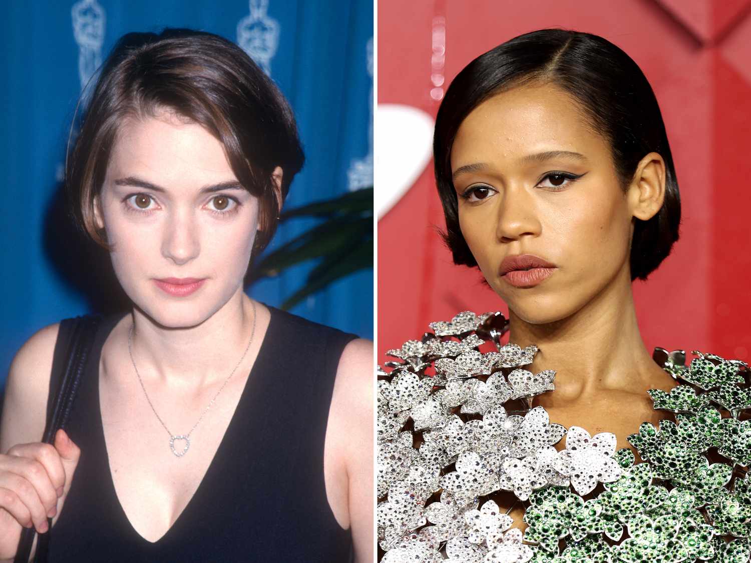 Winona Ryder and Taylor Russell with short, shaggy bixie haircuts.
