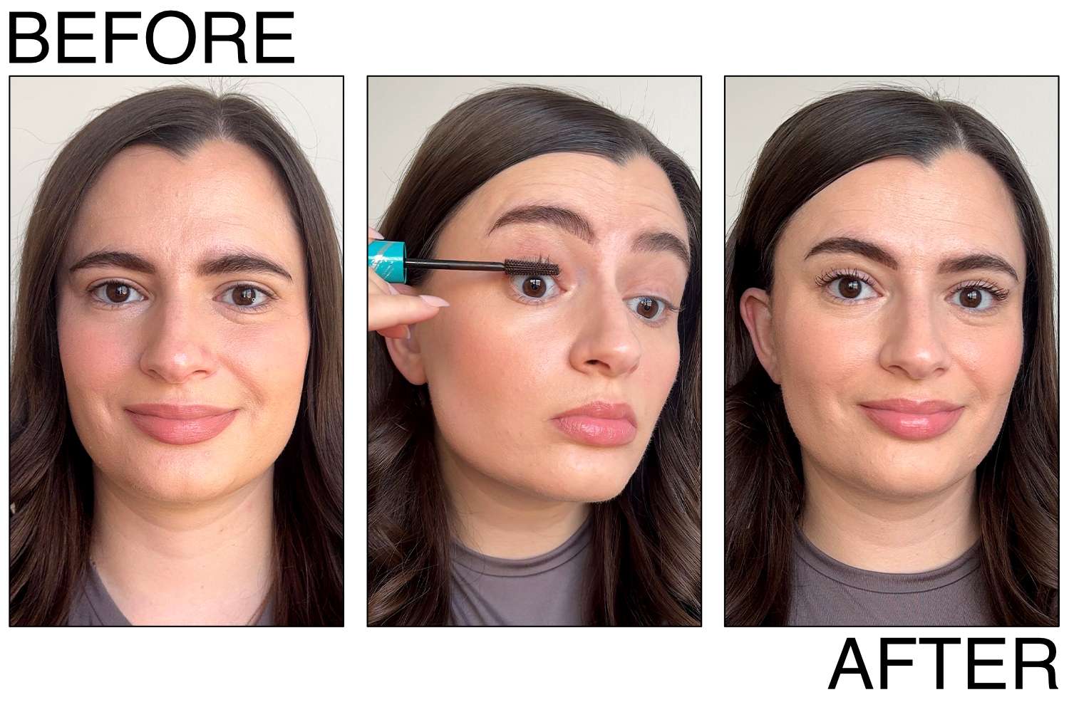 Before and after results of a person using a tubing mascara, showing elongated and smudge-free lashes.